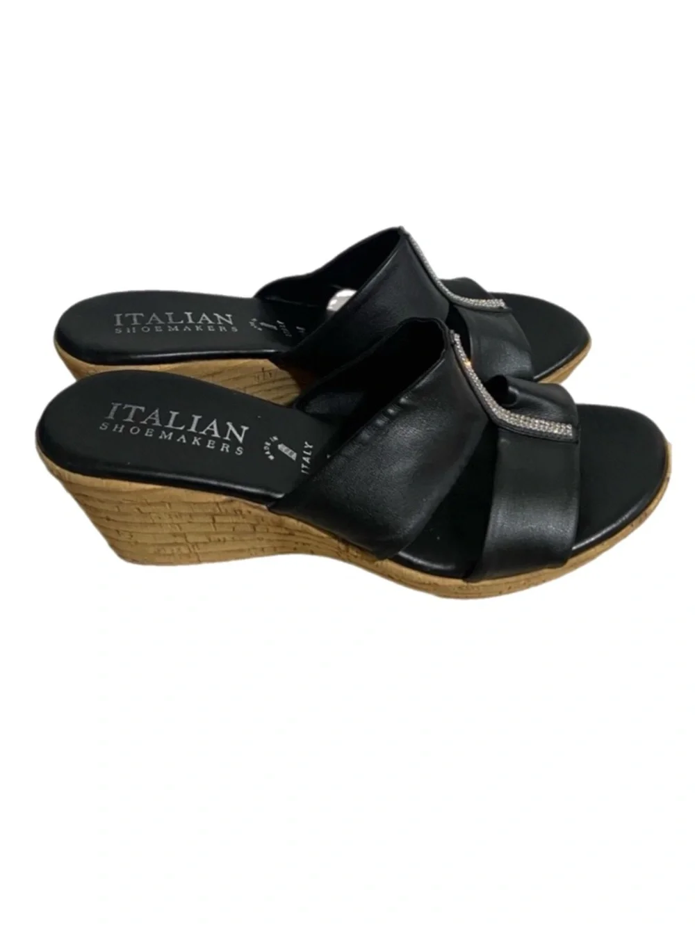 Italian Shoemakers Wedge Faux Leather Sandals Afia Black Rhinestone Embellished